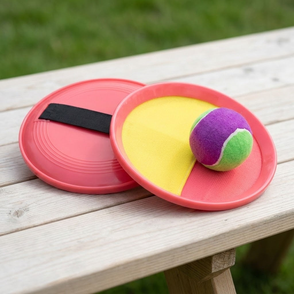 A catch game set with pink paddles, a yellow-and-pink face, black strap, and purple-and-green ball rests on a pale wooden bench.