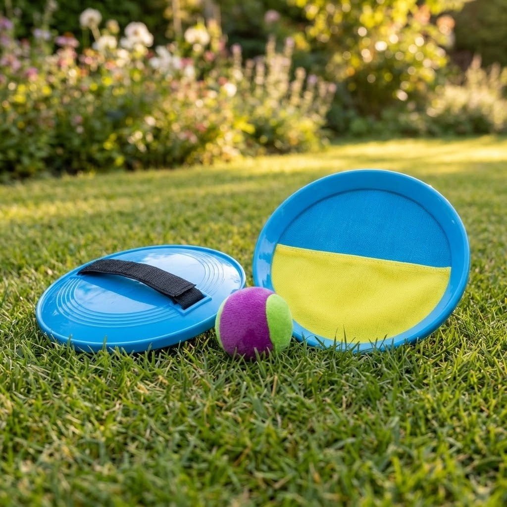 A catch game set displays blue paddles, a yellow-and-blue cloth face, black rear strap, and purple-and-green ball on sunlit garden grass.