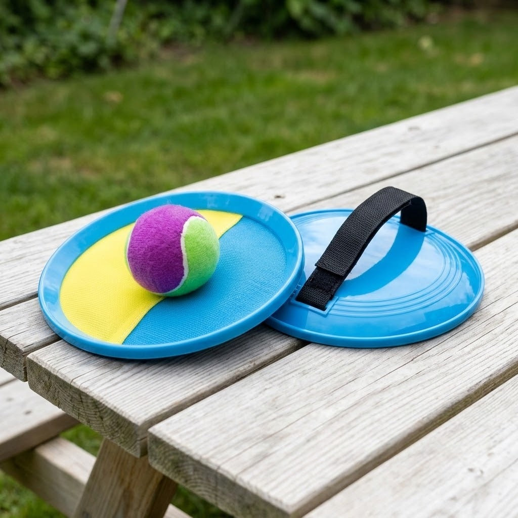 A catch game set with blue paddles, a black hand strap and a purple-and-green ball rests on a weathered picnic table.