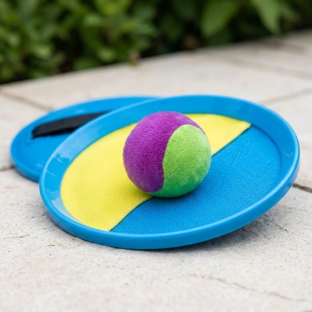A catch game set with blue paddles, a yellow-and-blue face, and purple-and-green ball sits on a pale outdoor tabletop with greenery behind.