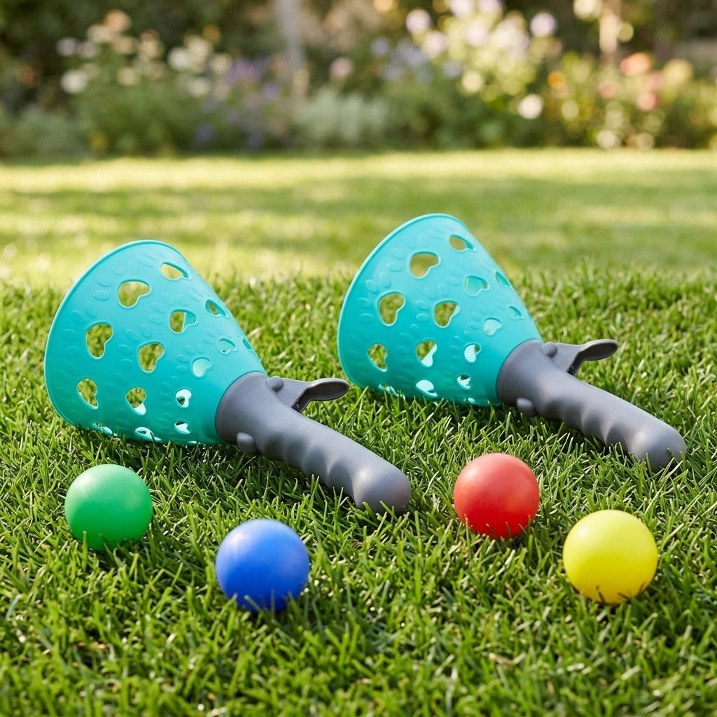A catch game set with two turquoise catchers, gray handles and green, blue, red and yellow balls rests on a sunlit lawn.