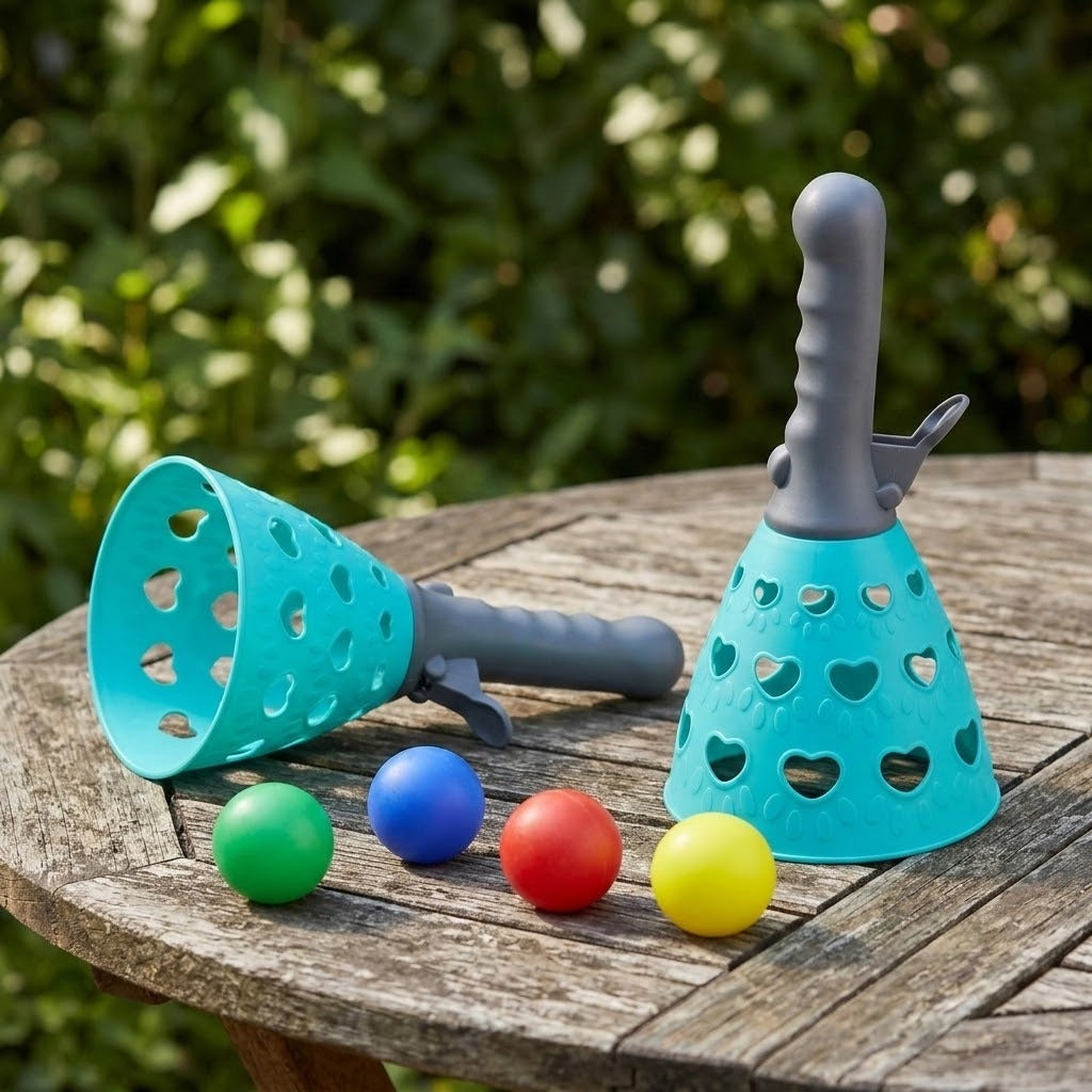 A catch game set with turquoise cone catchers, gray handles and four colorful balls sits on a weathered wooden table outdoors.
