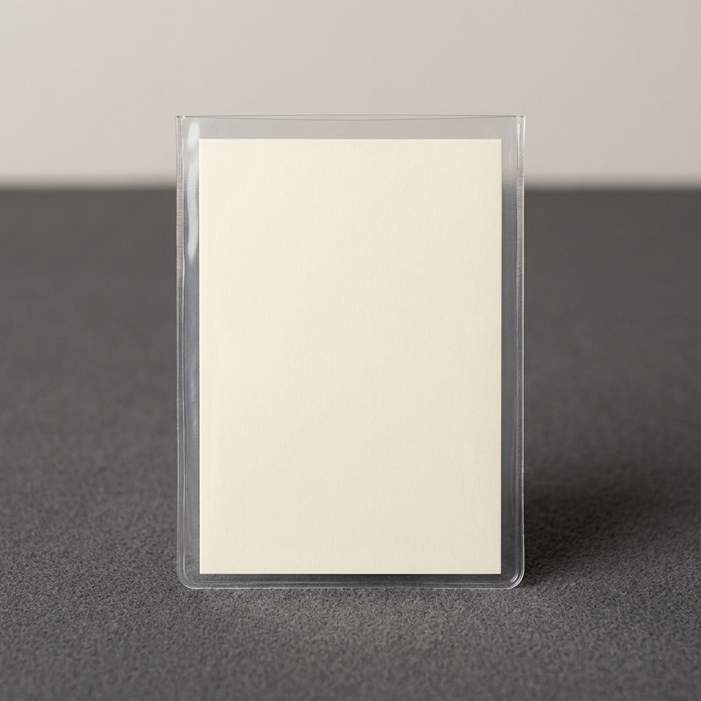 A clear plastic card sleeve containing a blank cream card stands upright on a textured dark gray surface.