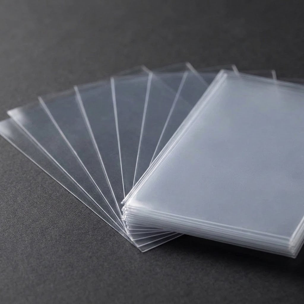 Clear plastic card sleeves fan out beneath a stacked pile on a dark gray surface.