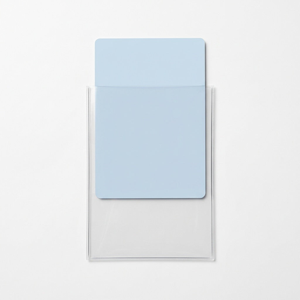 A pale blue card extends above the open top of a clear plastic sleeve on a white background.