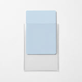 A pale blue card extends above the open top of a clear plastic sleeve on a white background.