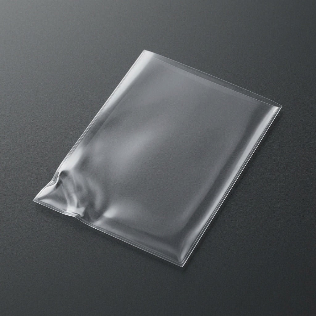 A clear plastic card sleeve lies diagonally on a charcoal surface, with wrinkles near one lower corner.