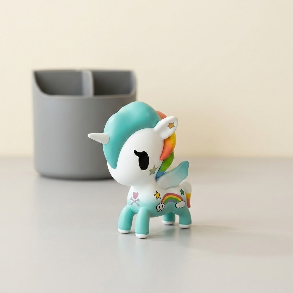 A white and turquoise unicorn-shaped blind box figure stands on a pale desktop beside a grey organizer.
