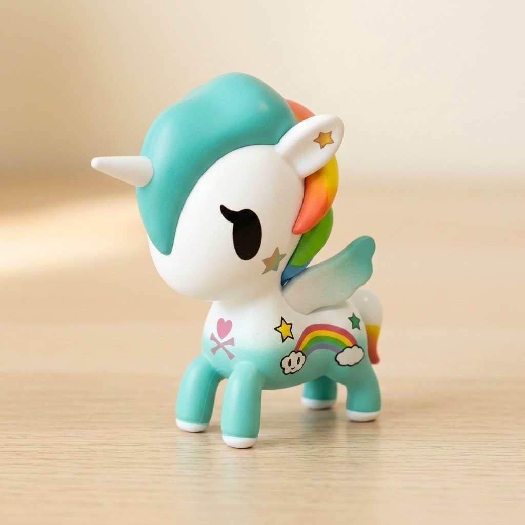 A white and turquoise blind box figure with rainbow details and small wings stands on a light wooden surface.