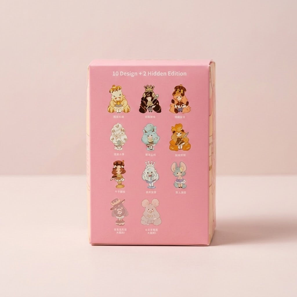 Pink blind box figure packaging displays rows of illustrated character options against a pale pink background.