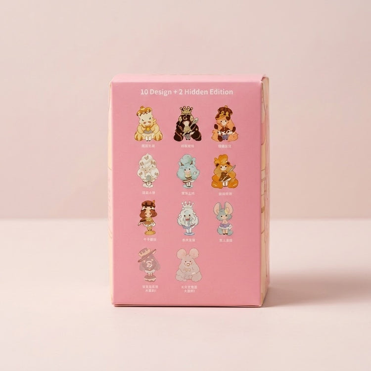 Pink blind box figure packaging displays rows of illustrated character options against a pale pink background.