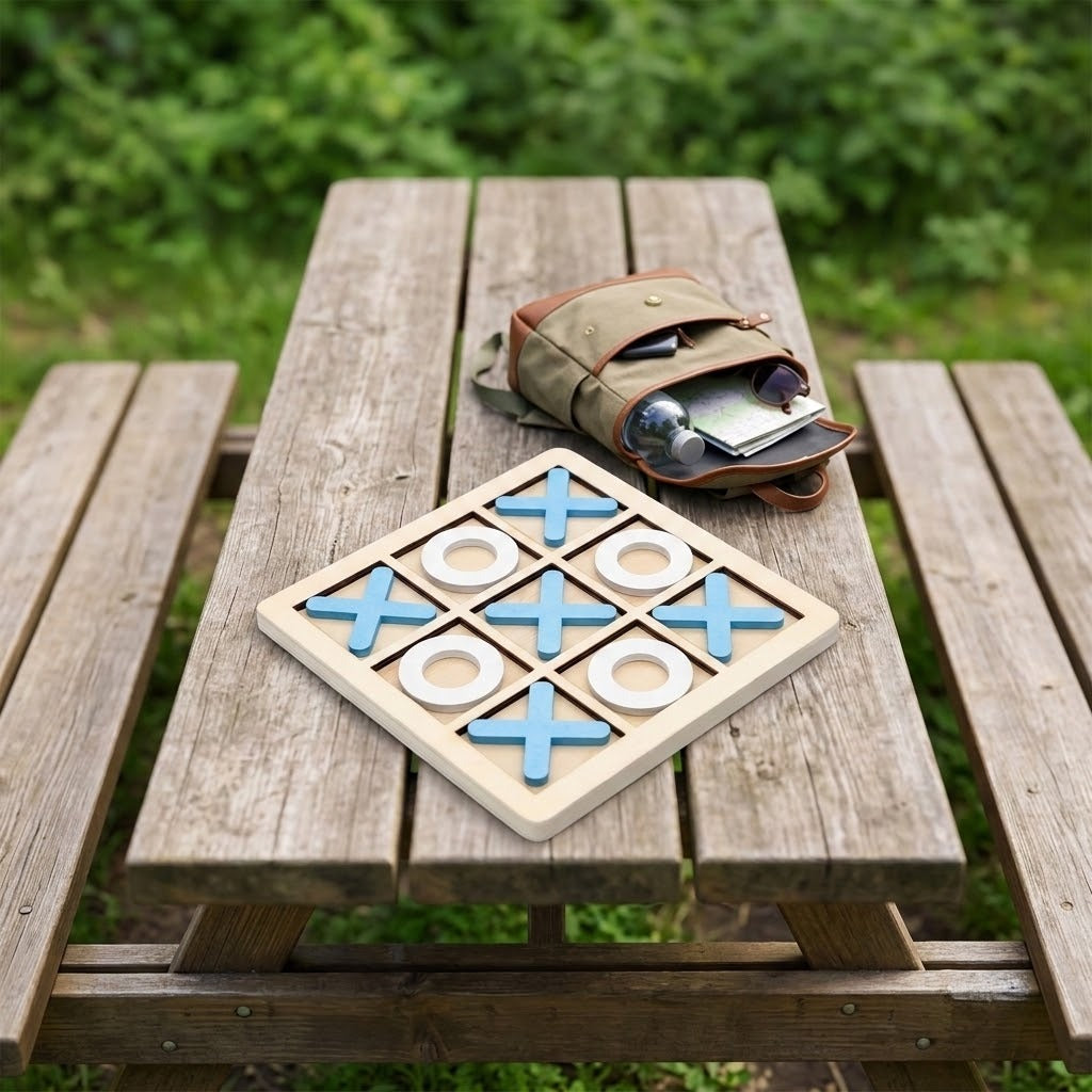 A wooden tic-tac-toe game board with blue X's and white O's sits on a weathered wooden picnic table outdoors, with a tan canvas pouch nearby and blurred green foliage in the background.