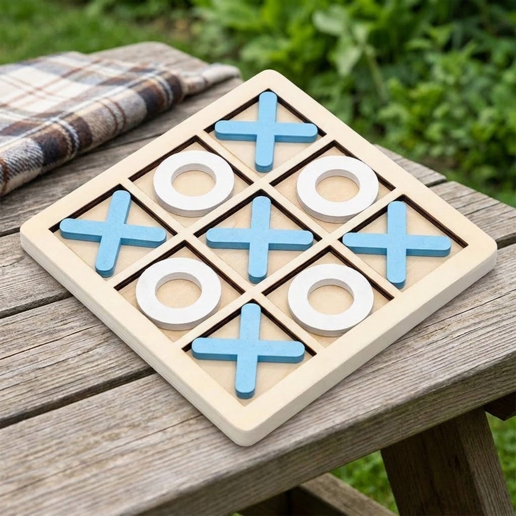A wooden tic-tac-toe game board with blue X shapes and white O shapes, placed on a weathered wooden table outdoors with green grass in the background.