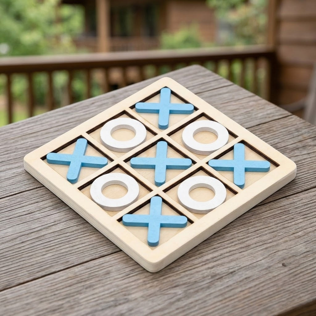A wooden tic-tac-toe game board placed on a weathered wooden deck table, with a blurred outdoor patio background. The board is light natural wood with blue X shapes and white O shapes.