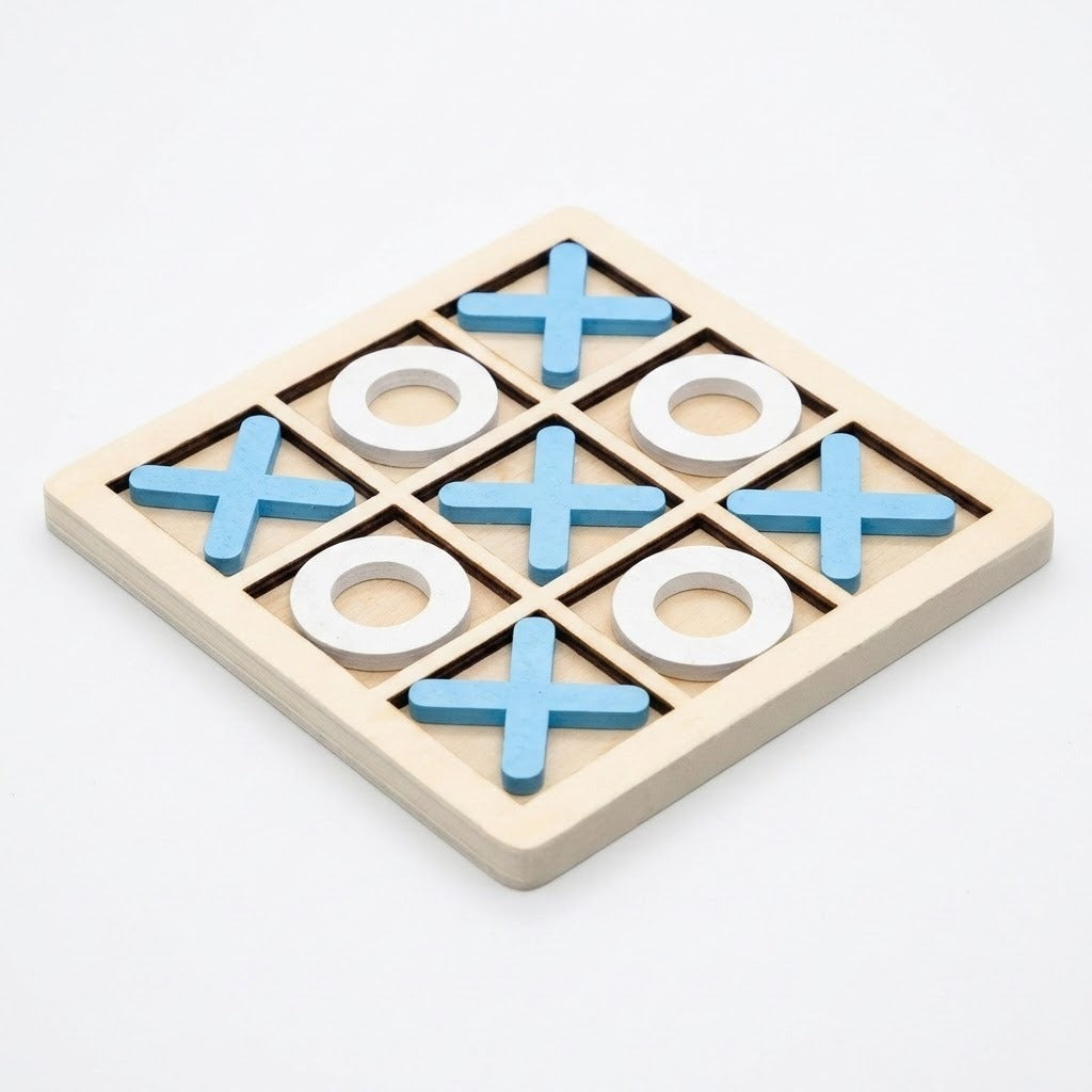 A wooden 3-in-1 tic-tac-toe game board with light blue X's, O's, and a sliding blank piece, set against a clean white background.