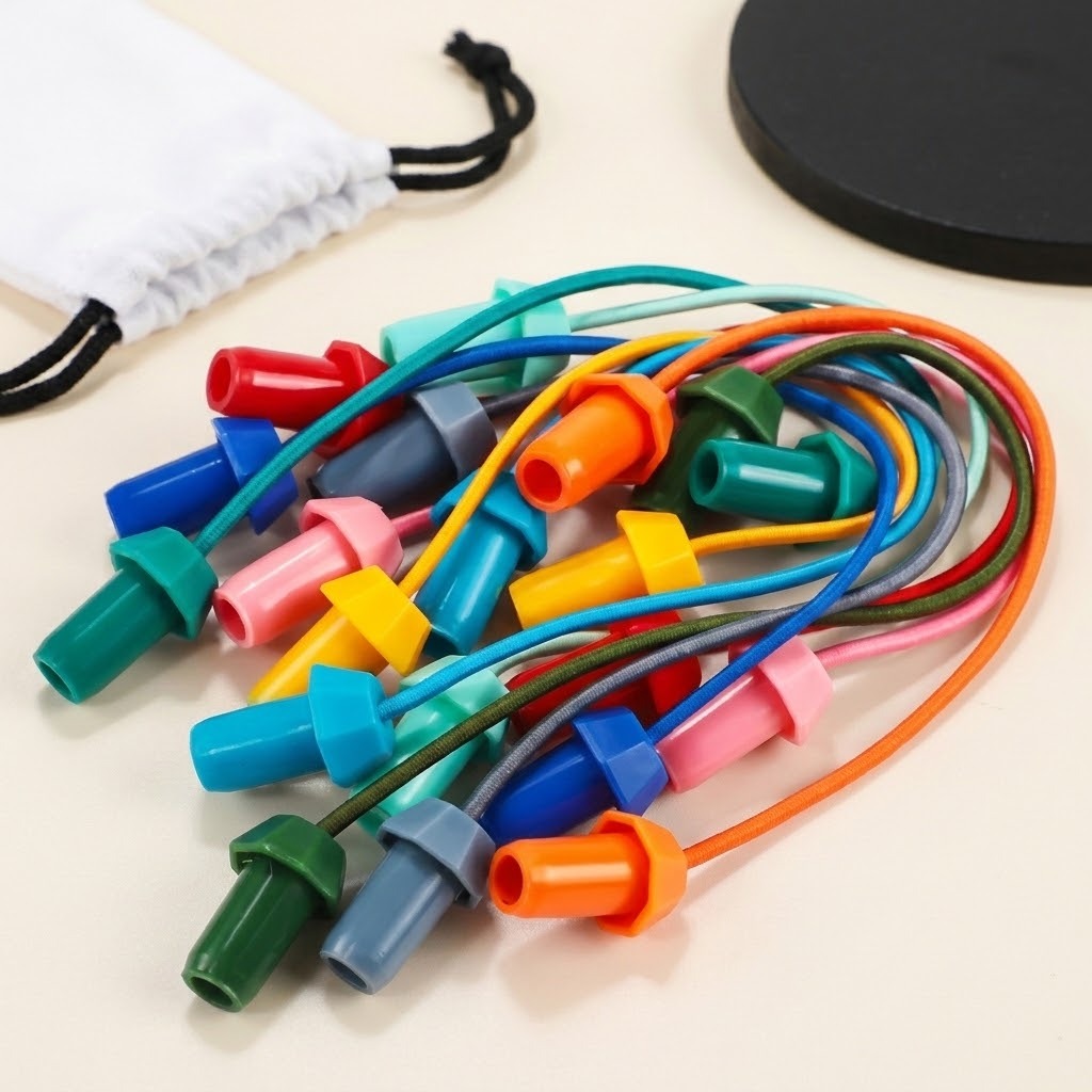 Rope puzzle close-up showing colorful elastic ropes and matching end pieces on a cream surface beside the bag and board edge.