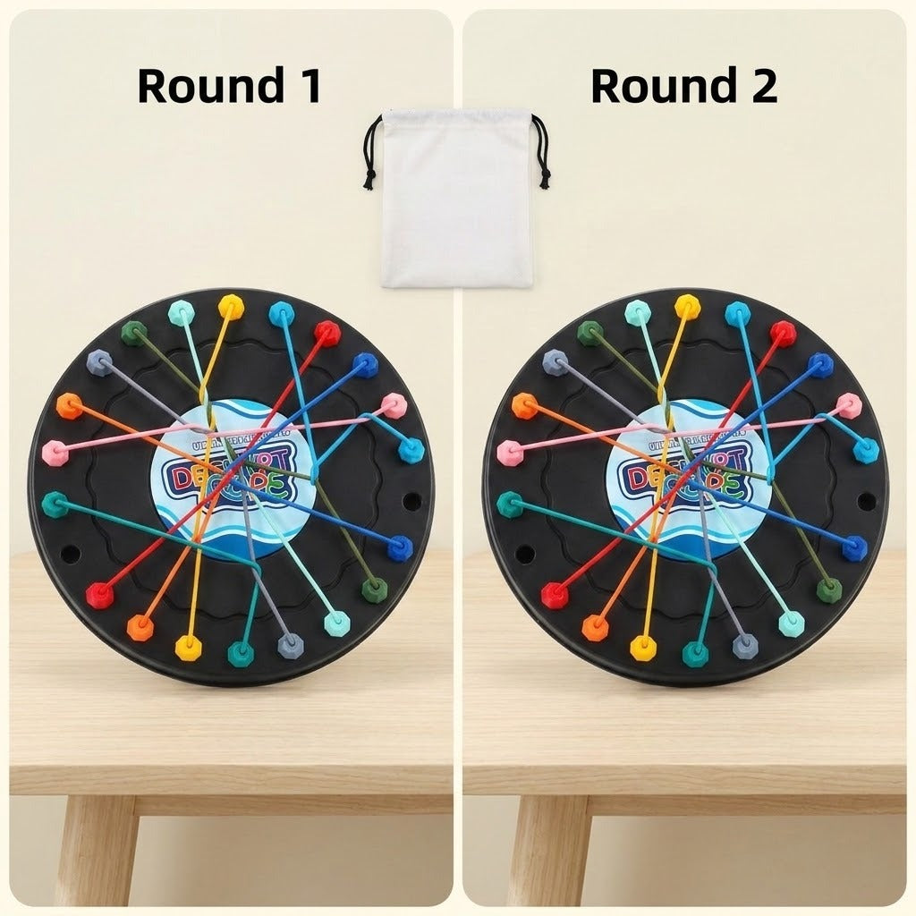 Black circular rope puzzle with colorful crossed ropes appears in panels labeled Round 1 and Round 2, with a white drawstring bag above.