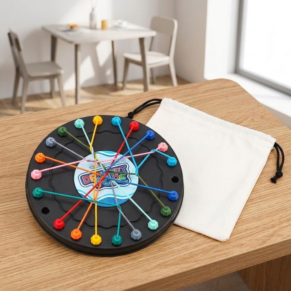 Black circular rope puzzle with colorful elastic ropes rests beside a white drawstring bag on a wooden table in a bright dining room.