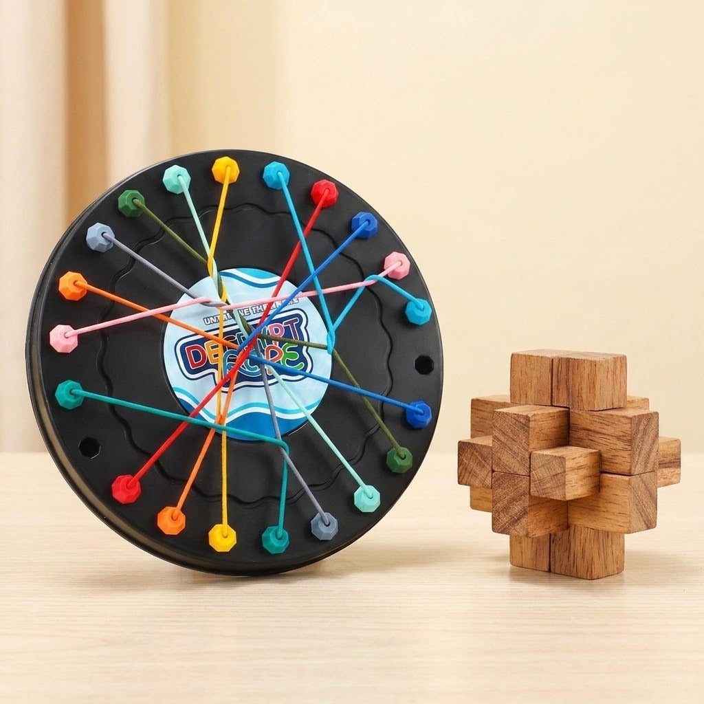 Black circular rope puzzle with colorful crossed ropes stands beside a wooden interlocking puzzle on a pale wooden surface against a cream background.