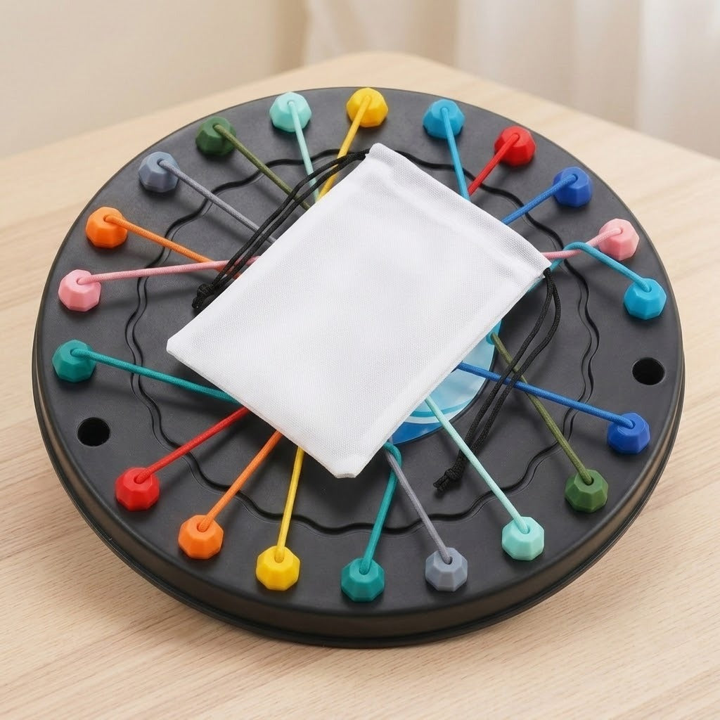 Black circular rope puzzle with colorful crossing ropes and a white drawstring bag resting diagonally across its center on a wooden tabletop.