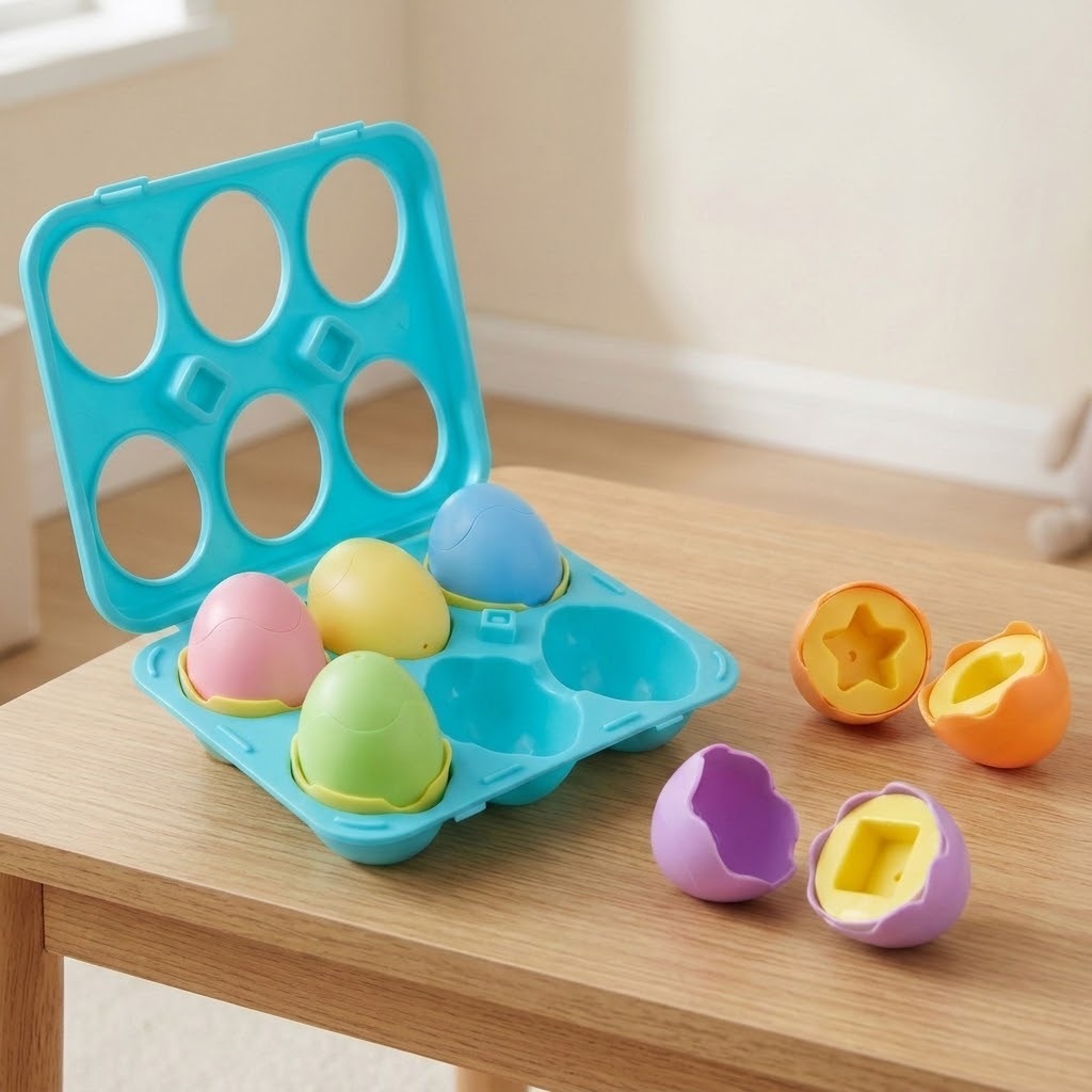 Matching egg set with pastel shells in an open turquoise case and separated orange and purple halves on a wooden table.