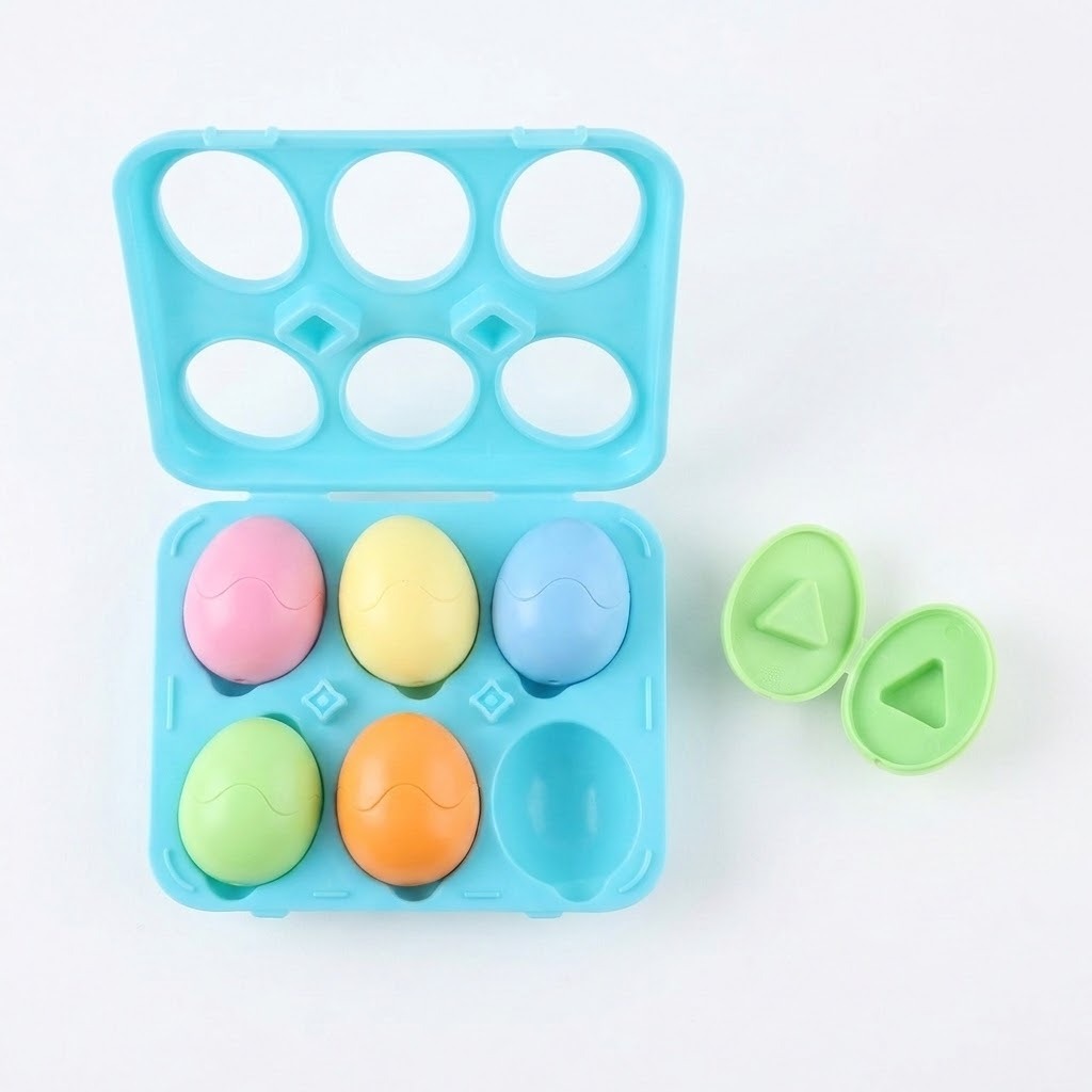 Matching egg set with five closed pastel eggs in a blue hinged case and two green triangle halves beside it.