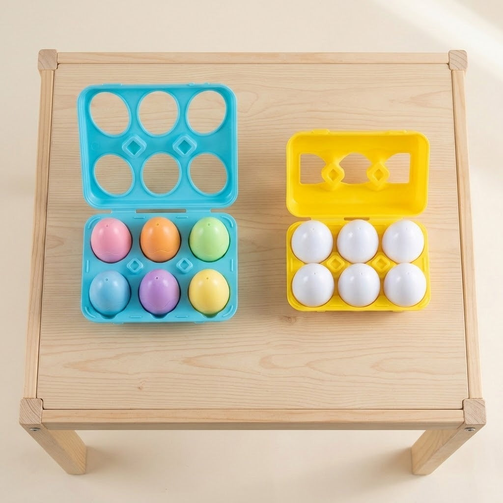 Two matching egg sets sit in open blue and yellow cases on a wooden table, displaying pastel and white eggs.