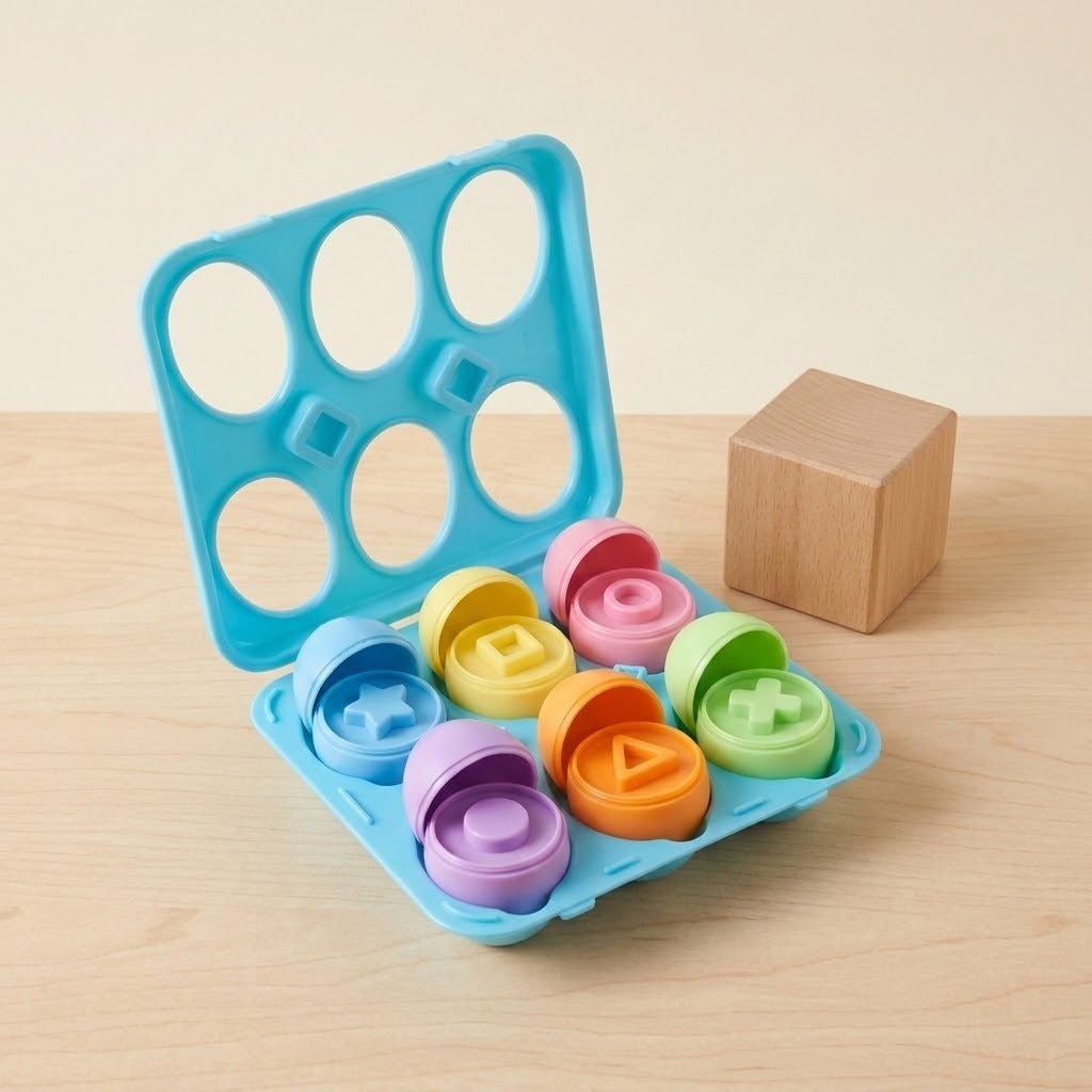 A plastic matching egg set displays six colorful split eggs with geometric interiors in a blue case beside a wooden block.