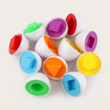 A matching egg set shows six white plastic eggs separated into halves with colorful geometric interiors against a cream background.