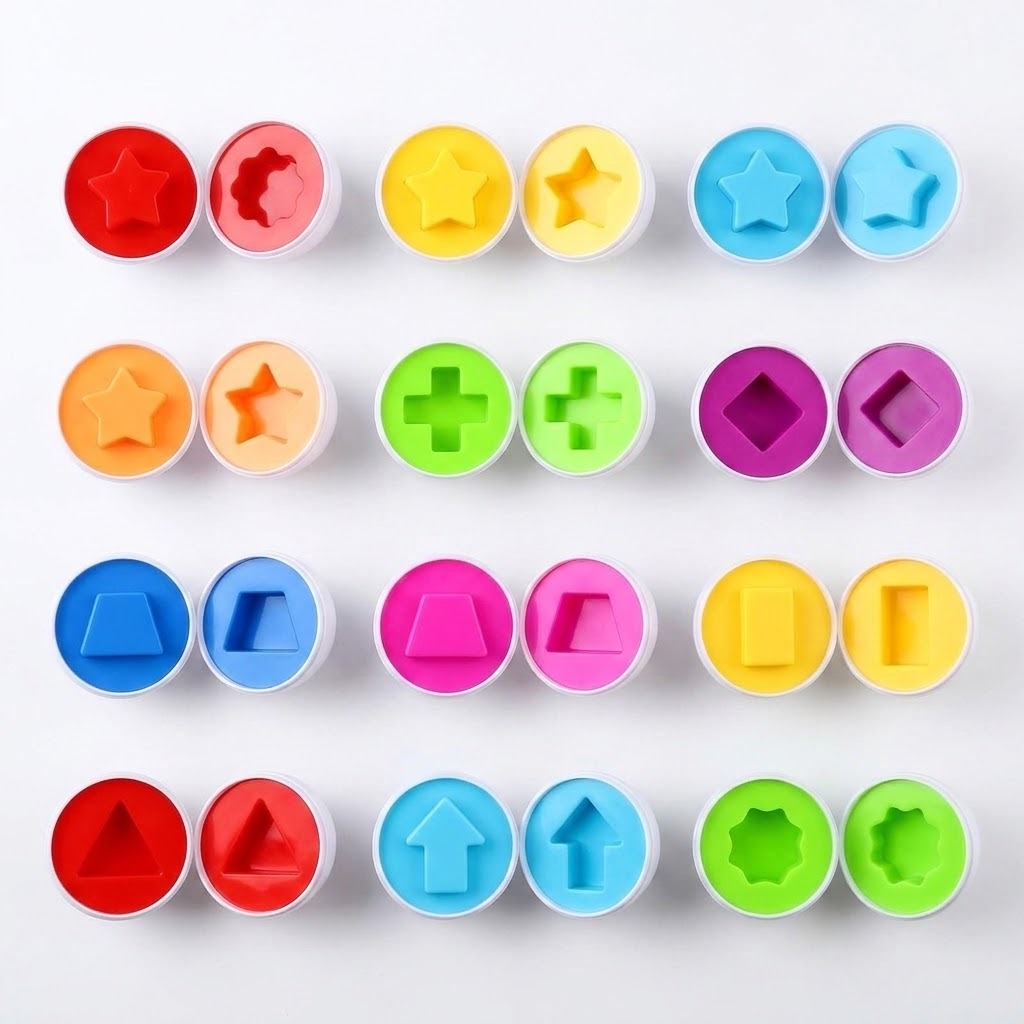 Matching egg set with twelve pairs of white shell halves displaying colorful geometric interiors in four rows on a white background.