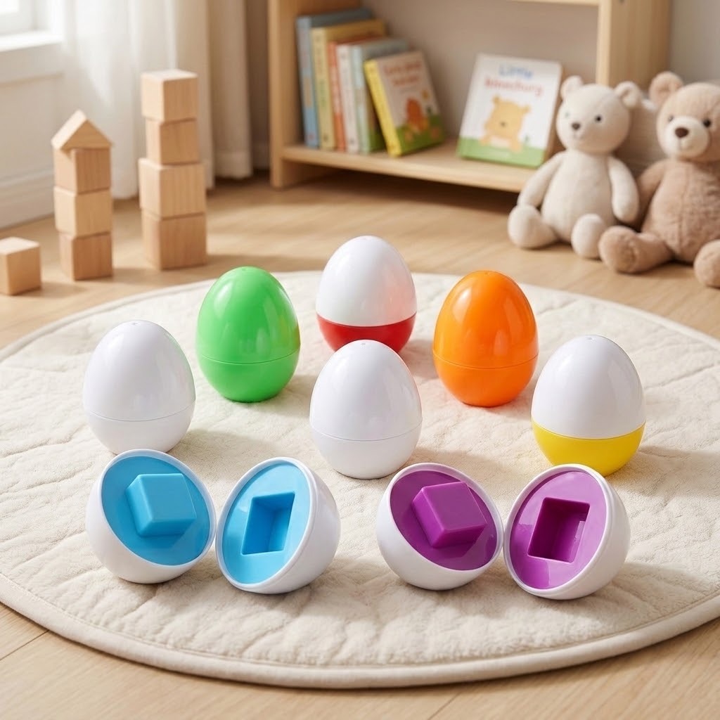 Matching egg sets with white and colorful shells and exposed geometric interiors sit on a cream rug in a playroom.