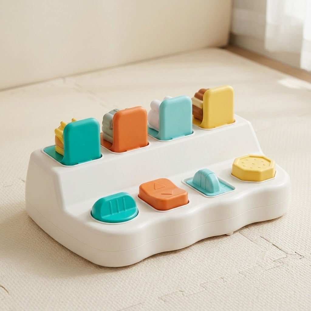 White pop-up toy with four colorful controls and upright lids, viewed at an angle on a cream play mat.