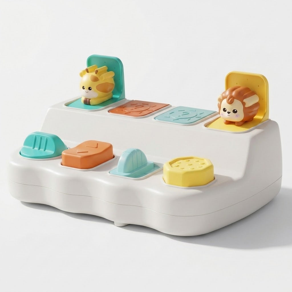 White pop-up toy with giraffe and lion raised, two lids closed, and four colorful controls against a white background.