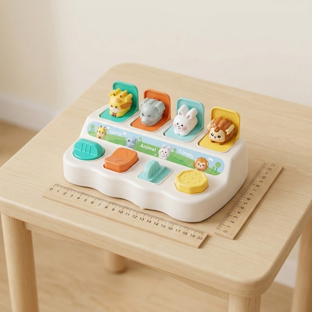 A children's animal pop-up toy placed on a light wood table, with two wooden rulers nearby for scale. The toy has four animal faces on colorful raised platforms above a white base with four colored buttons.