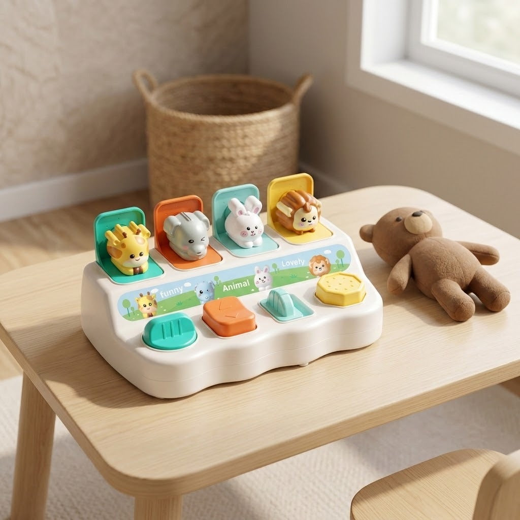 Pop-up toy with giraffe, elephant, rabbit and hedgehog figures raised, on a light wood table next to a brown teddy bear.