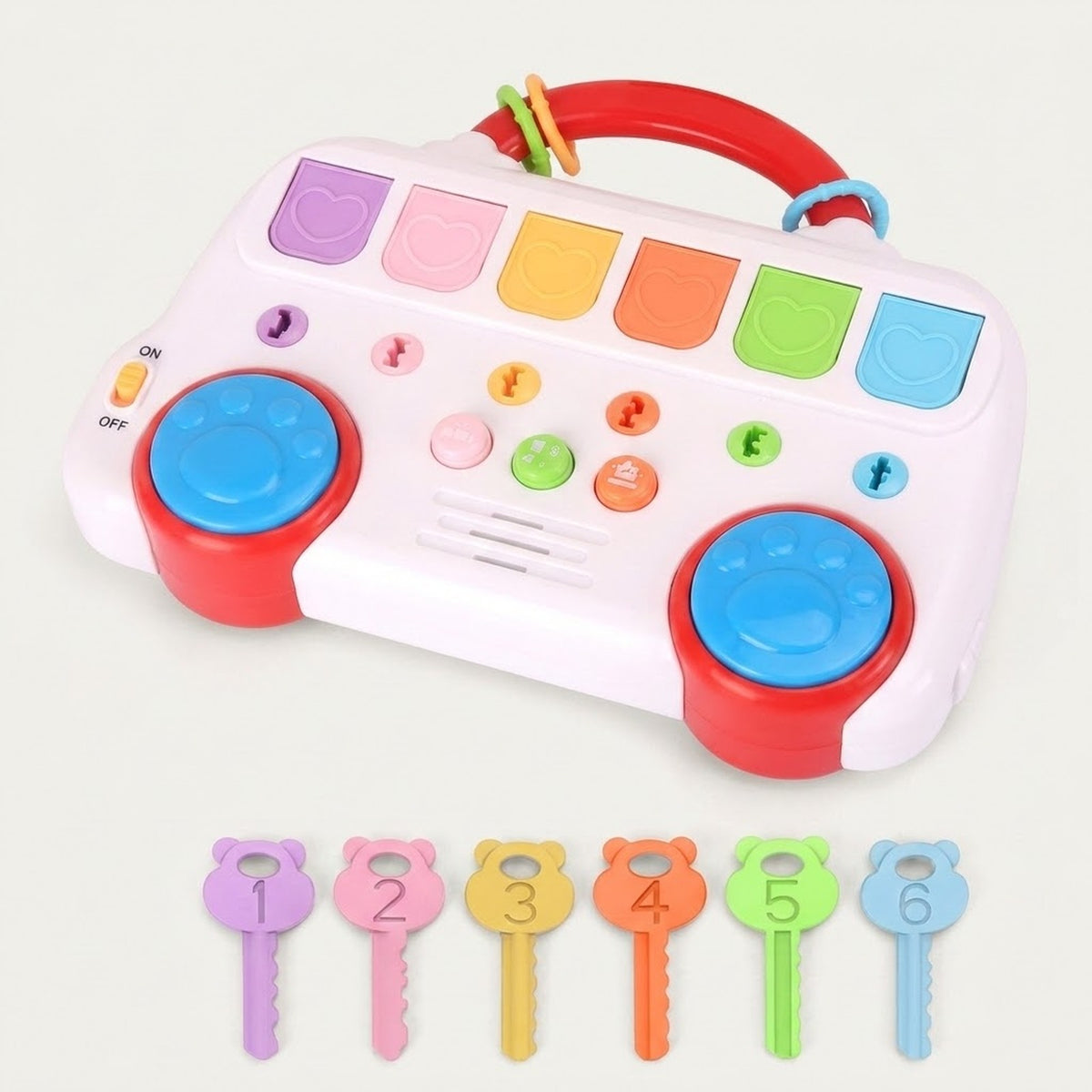 White pop-up toy with red handle, blue paw-shaped pads and colorful flaps, shown with six numbered toy keys on a plain background.