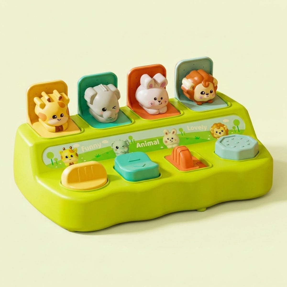 Bright green pop-up toy with giraffe, elephant, rabbit and lion figures popped up on colored flaps, against a plain pale background.