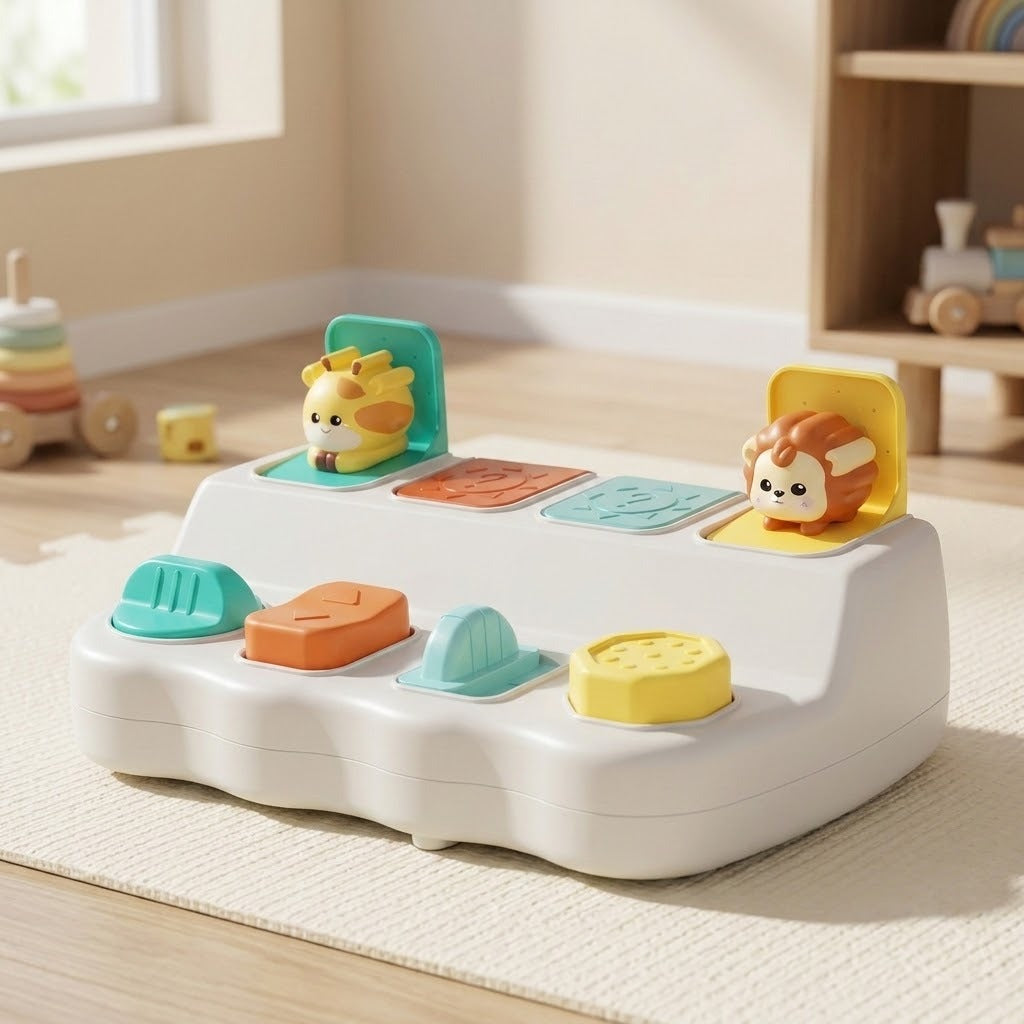 White pop-up toy with giraffe and lion raised sits on a cream rug in a sunlit nursery.