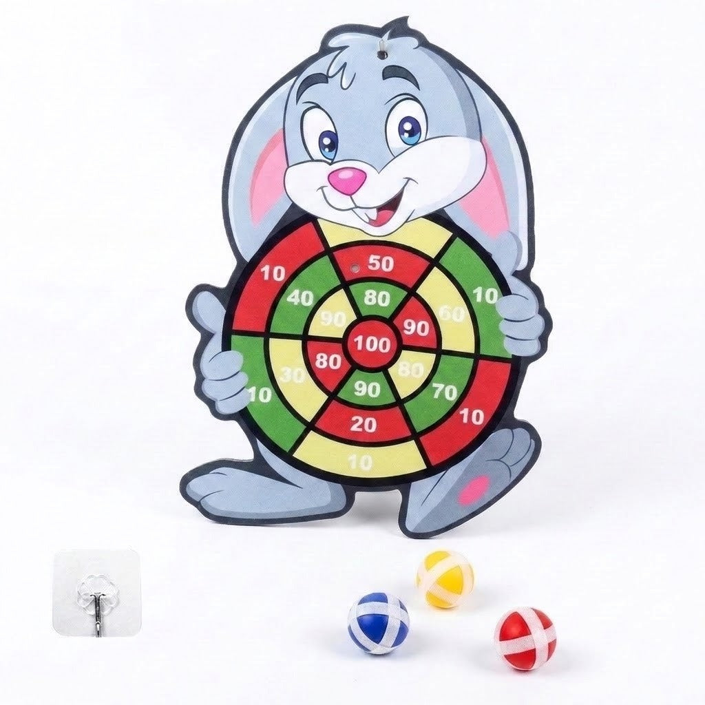 Gray rabbit sticky ball target with red, green, and yellow scoring sections, three colored balls, and a separate hook on white.