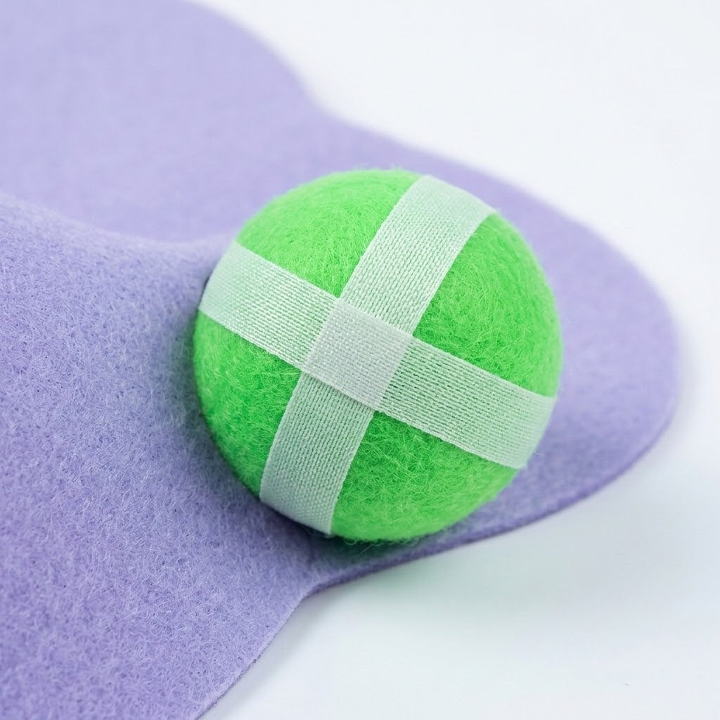 Close-up of a green ball with pale fastening strips resting against the lavender fabric surface of the sticky ball target.