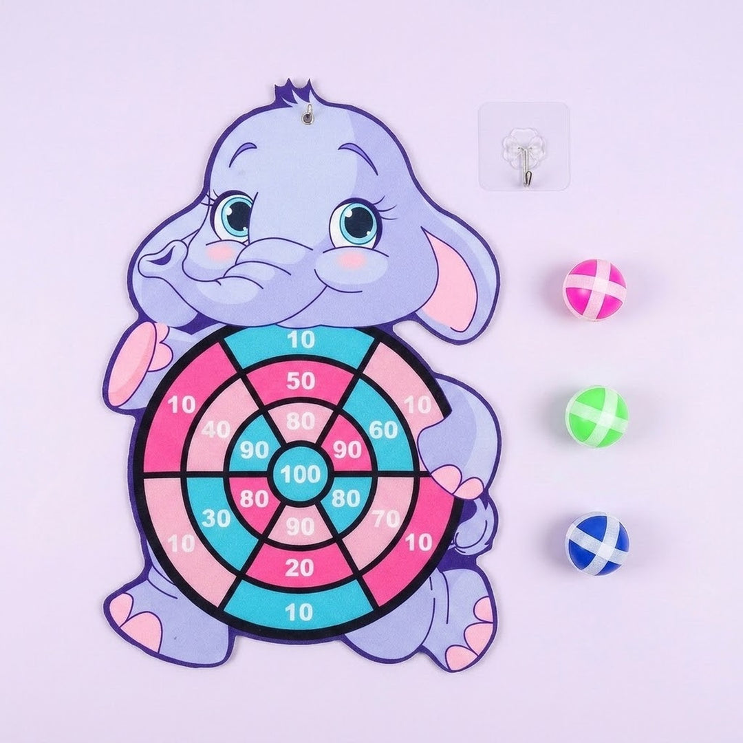 Purple elephant sticky ball target with pink and turquoise scoring sections sits beside three balls and a hook on a lavender background.
