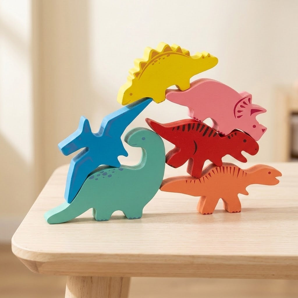 Six wooden dinosaur stacking blocks balance in an arch arrangement on a pale wooden table against a cream background.
