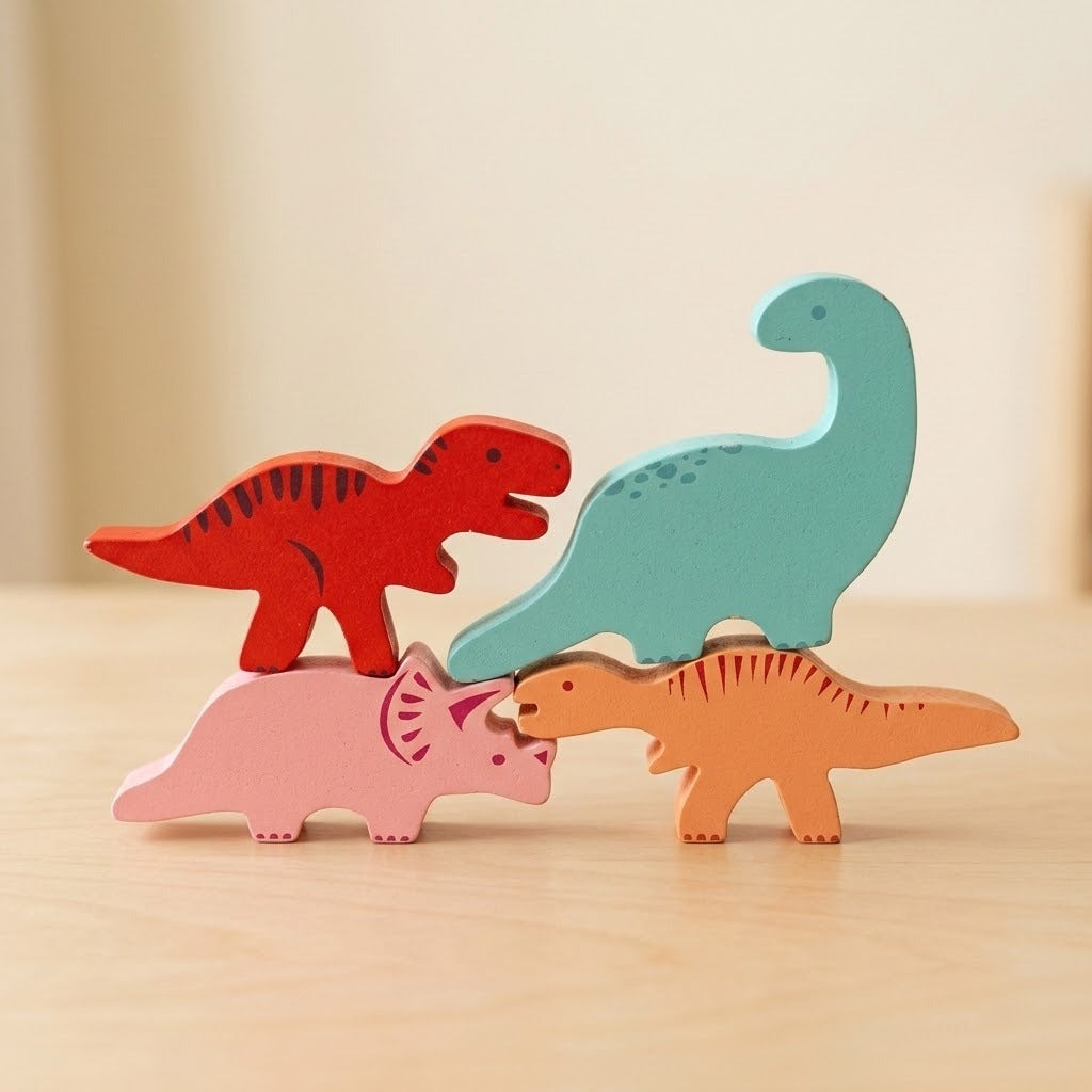 Four wooden dinosaur stacking blocks in red, turquoise, pink, and orange balance in two tiers on a light wooden table.
