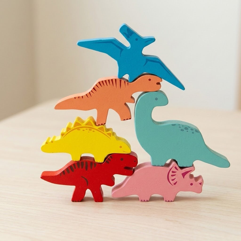 Six colorful wooden dinosaur stacking blocks balance in a tower on a light wood surface against a soft beige background.