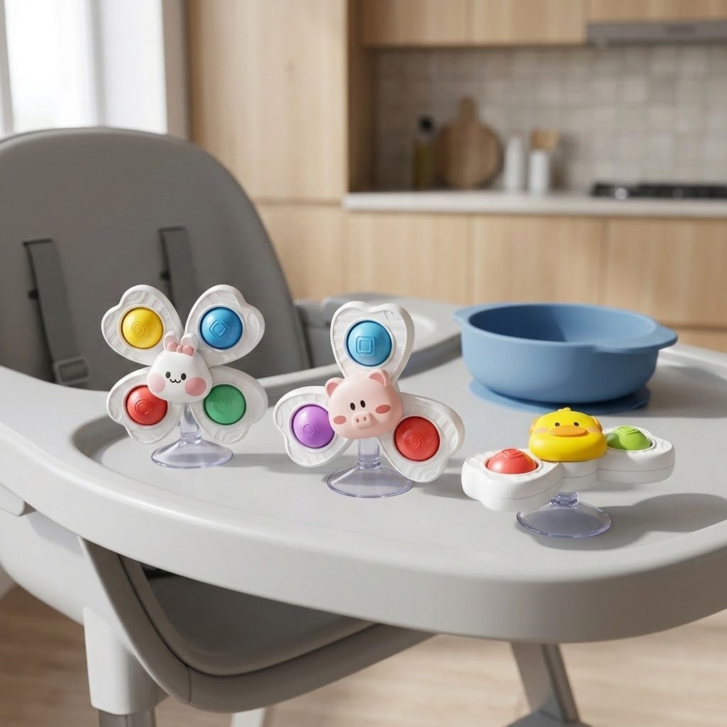 Rabbit, pig and duck suction spinner toys sit on a gray high chair tray beside a blue bowl.