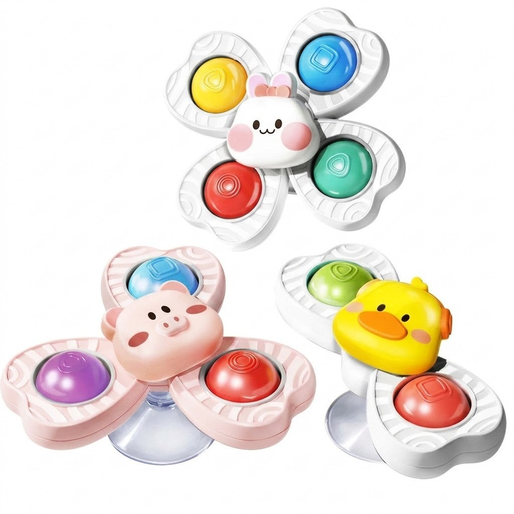 Rabbit, pig and duck suction spinner toys with colorful inserts and clear suction bases are arranged against a white background.