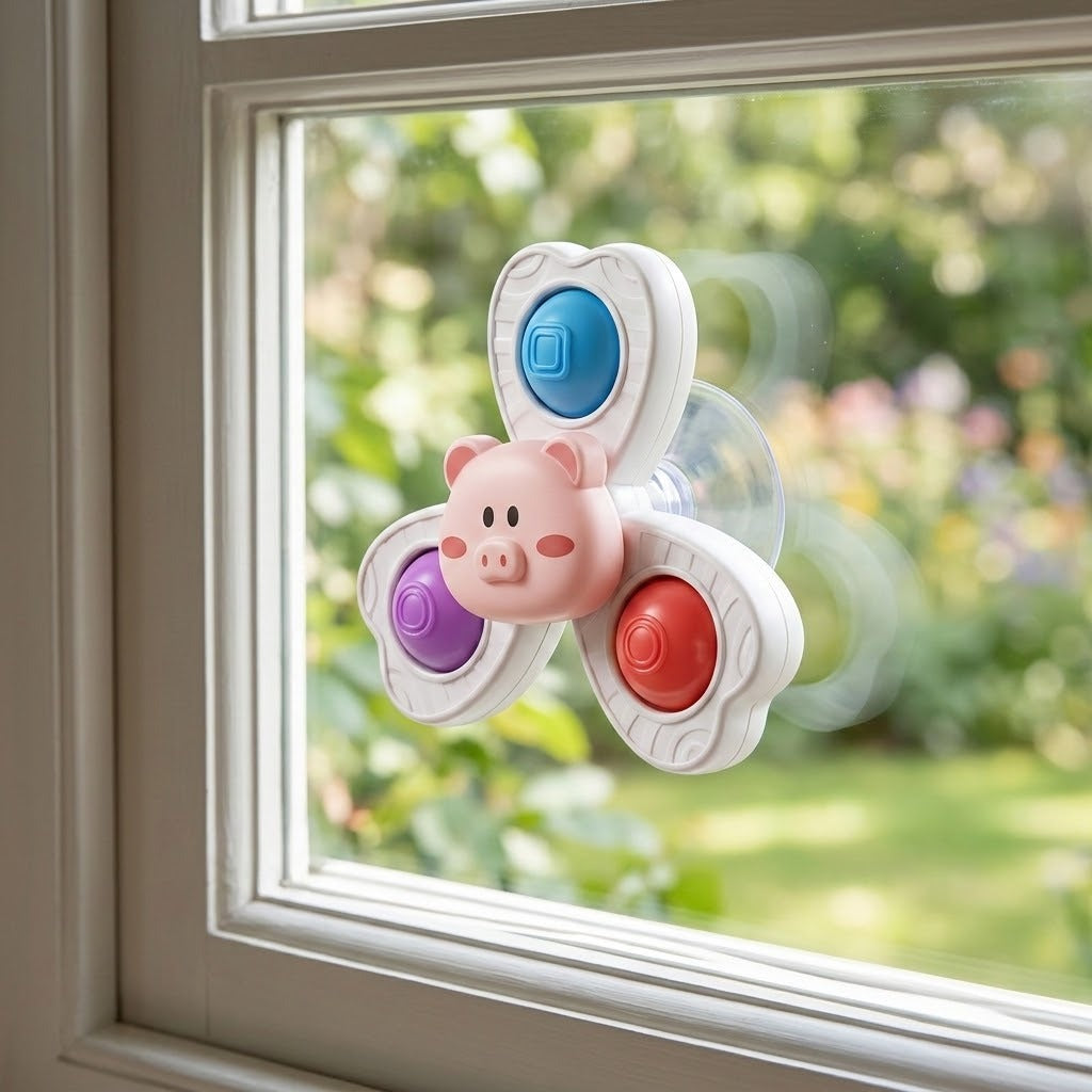 A pink pig suction spinner toy with blue, purple and red inserts attaches to window glass overlooking a blurred garden.