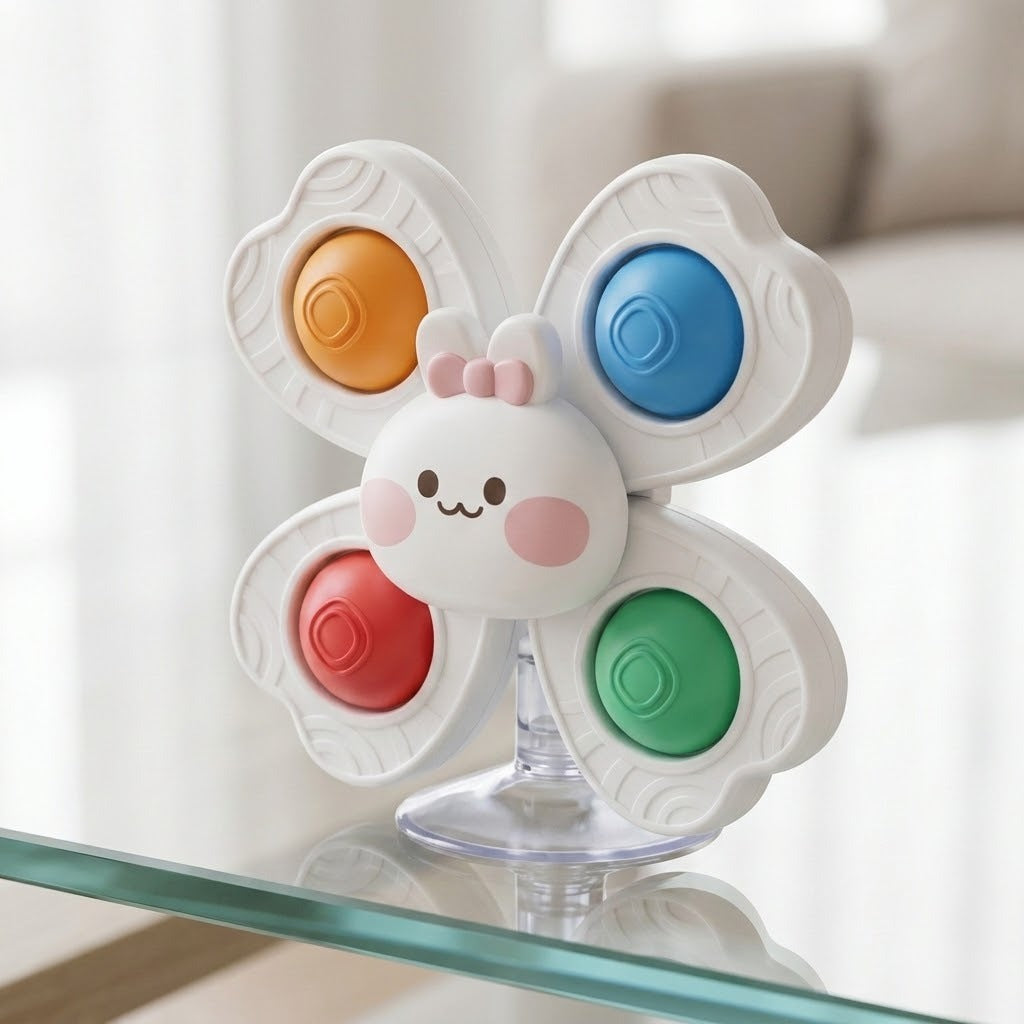 A white rabbit suction spinner toy with orange, blue, red and green inserts stands on a glass surface against a softly blurred background.
