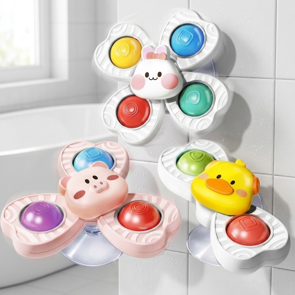 White rabbit, pink pig and yellow duck suction spinner toys with colorful inserts are displayed against bathroom tiles beside a bathtub.