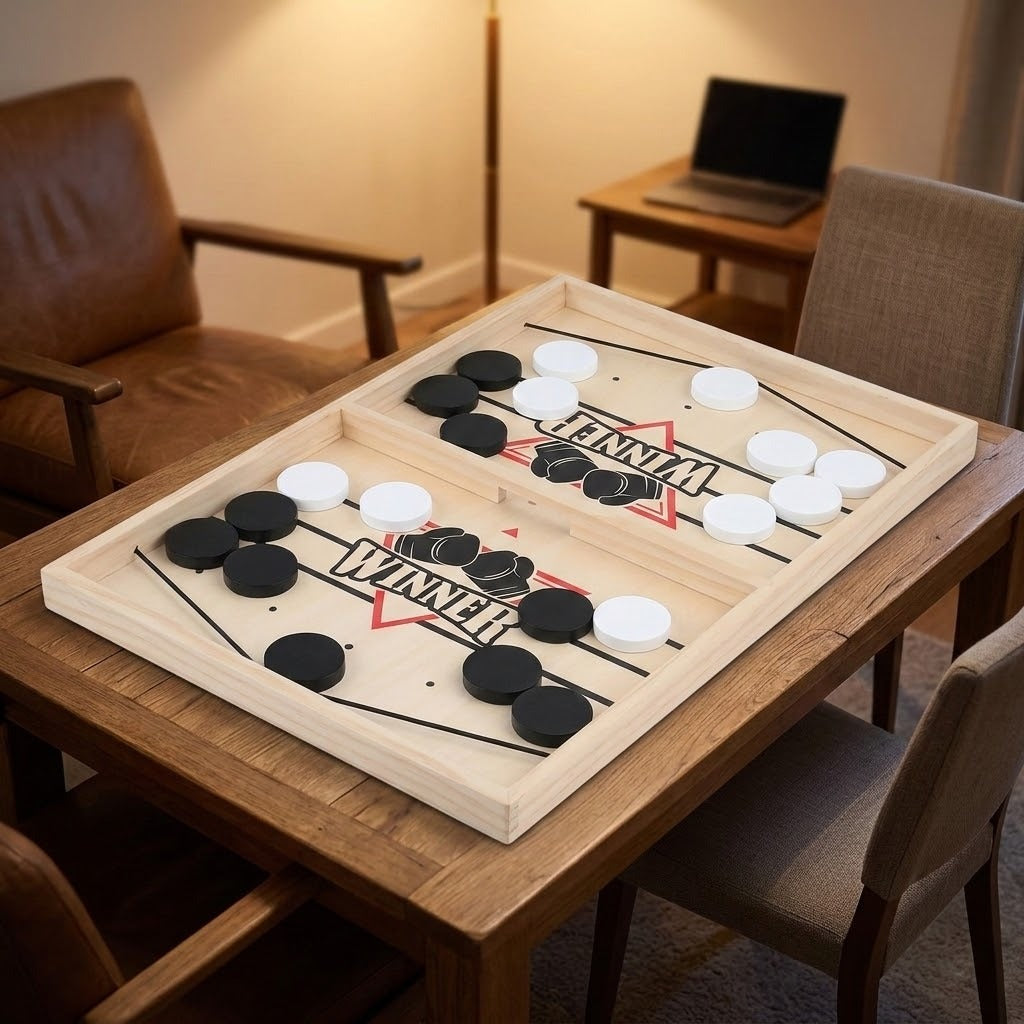 Light wood sling puck game with black and white pucks on a wooden table in a warmly lit room.